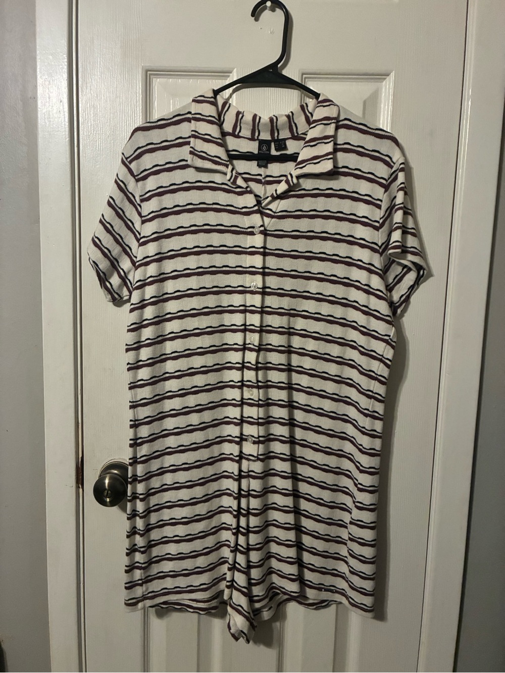 Volcom White Short Sleeve Button-Front Striped Top with Burgundy Lines
